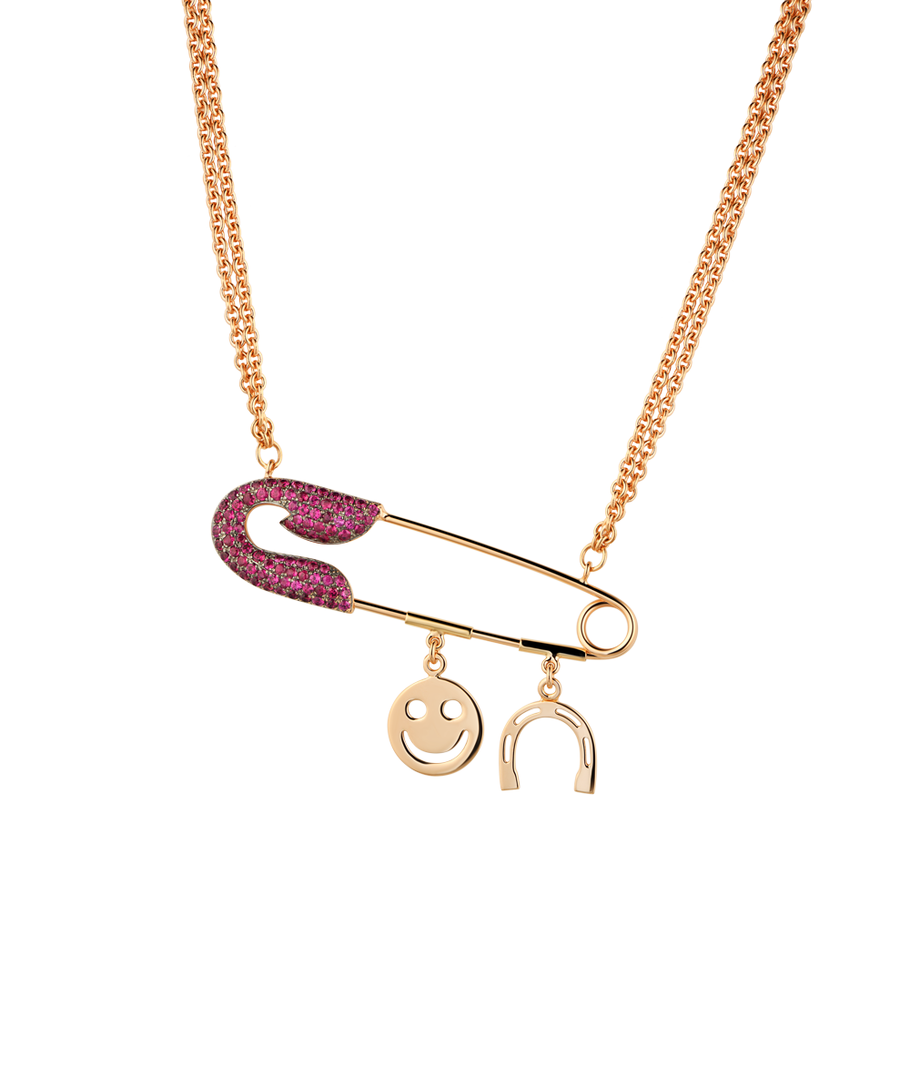 Jacob & Co. Колье Jacob&Co ROSE GOLD RUBY SAFETY PIN NECKLACE WITH CHARMS 