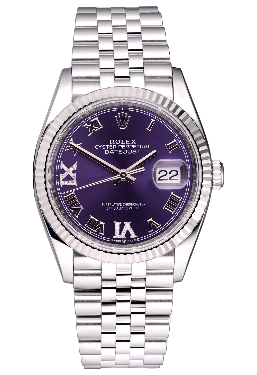 Rolex Datejust 36mm Steel and White Gold Purple Diamond Roman Dial 126234
